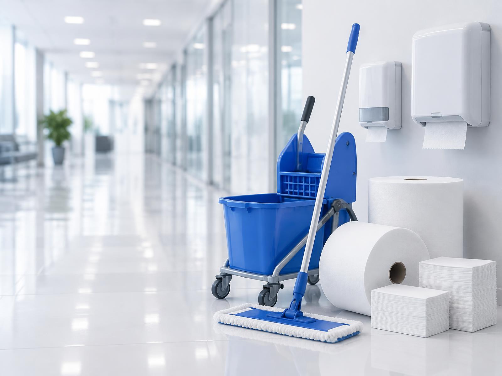 Carro balde, mop, dispensers e papéis profissionais em ambiente corporativo